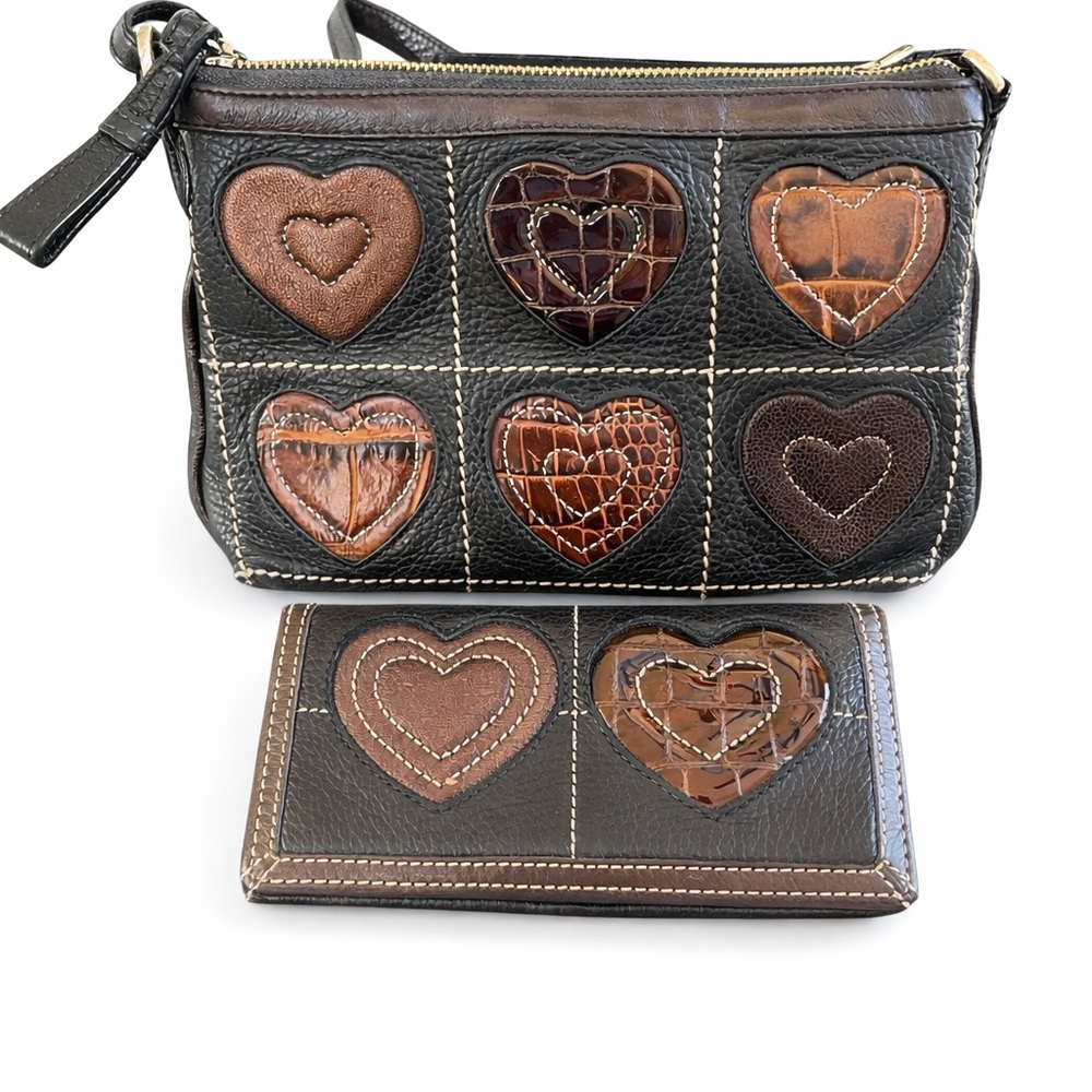 Brighton Black Leather Heart Patch Crossbody Purs… - image 1